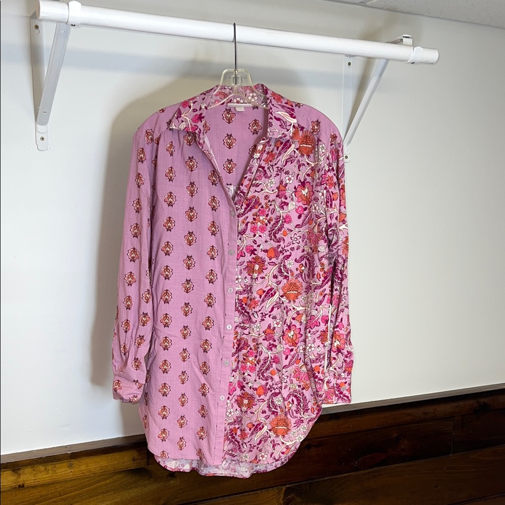 Knox Rose Pink Floral‎ Button Down Oversized Tunic Top- S